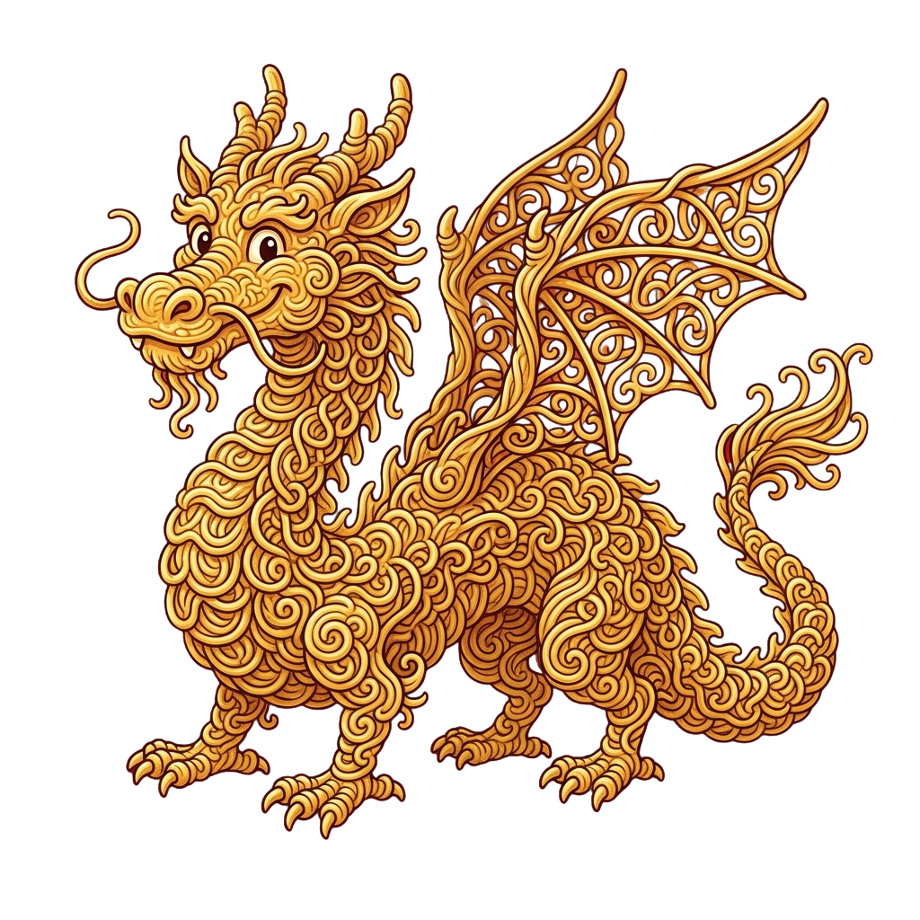 A detailed illustration of a golden dragon with ornate patterns on a black background