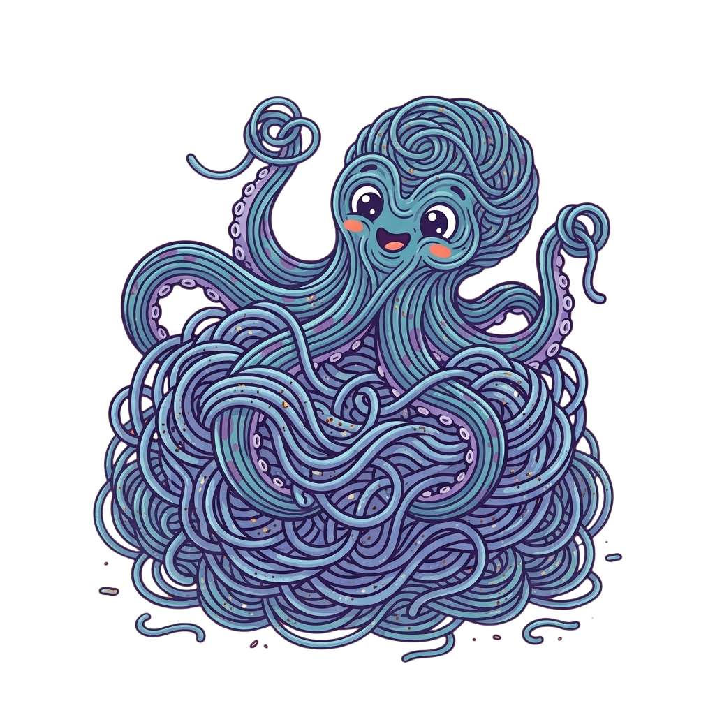 A cheerful cartoon octopus with curly tentacles and big expressive eyes in blue and purple tones