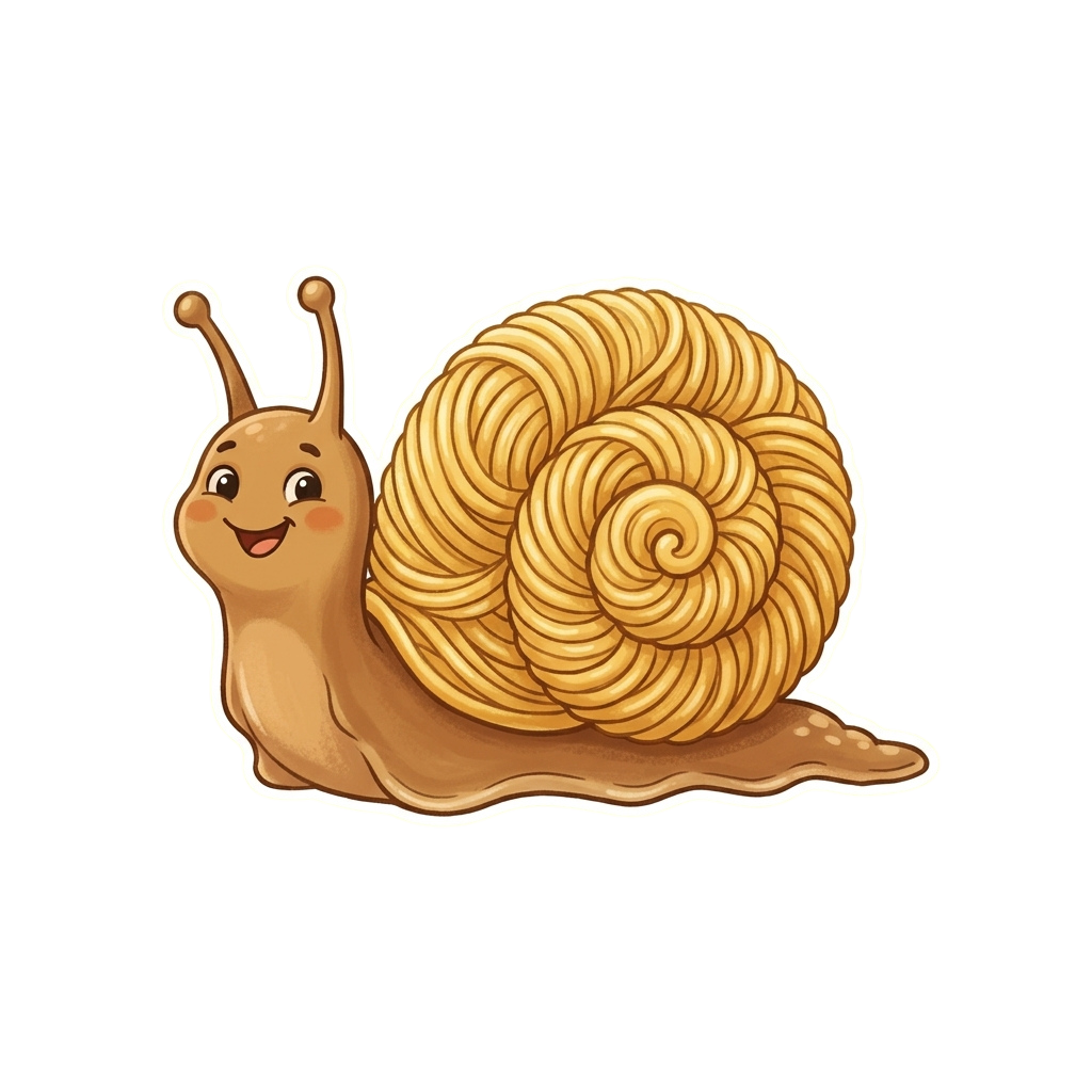 A cheerful cartoon snail with a smiling face and two antennae on a black background