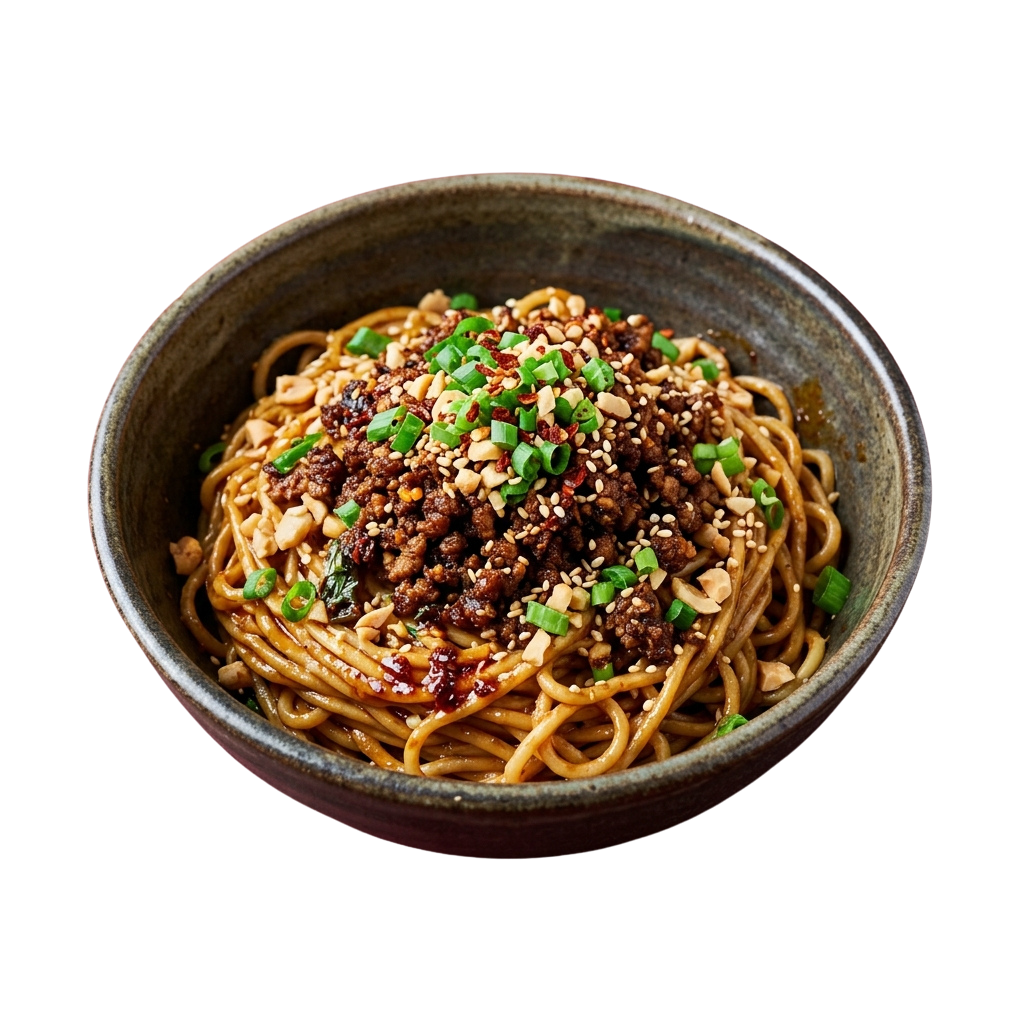 A bowl of beef noodle soup with noodles, meat, green onions, sesame seeds, and crushed peanuts