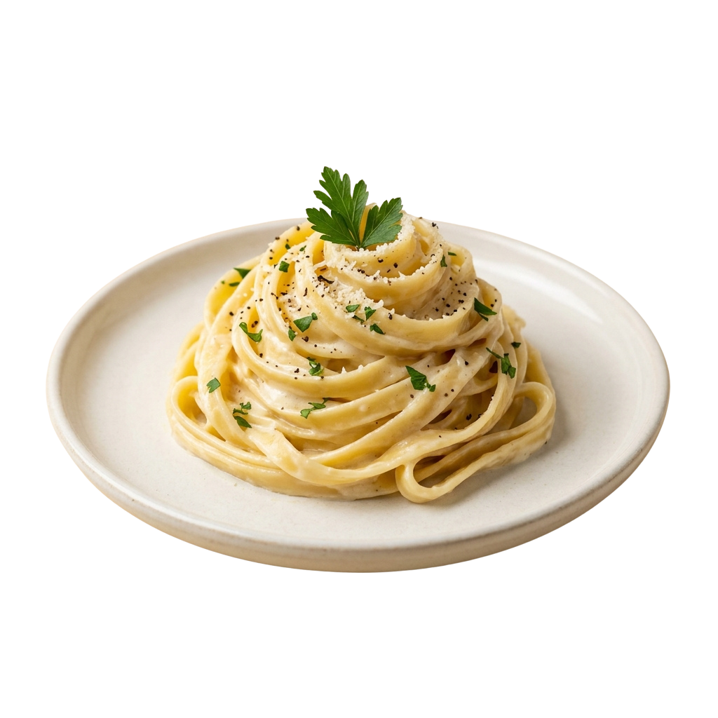 A plate of creamy pasta garnished with parsley and black pepper flakes