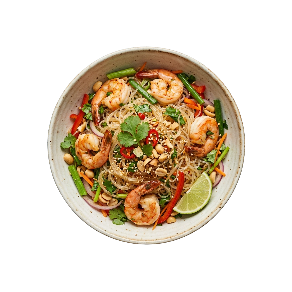 Bowl of shrimp pad Thai with rice noodles, shrimp, vegetables, lime, and herbs