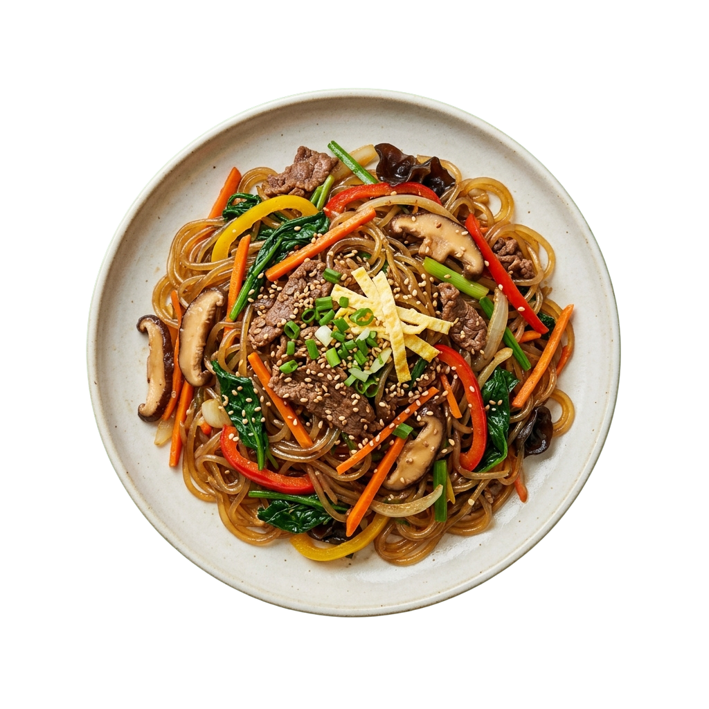 A plate of beef and vegetable stir fry with glass noodles, mushrooms, bell peppers, and sesame seeds