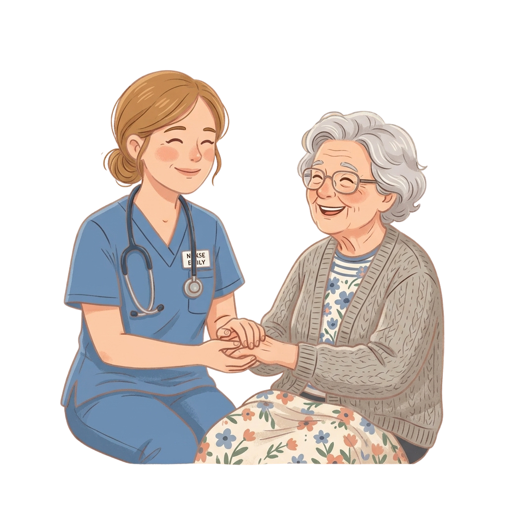 A nurse in blue scrubs holding hands with a smiling elderly woman in a cozy sweater.
