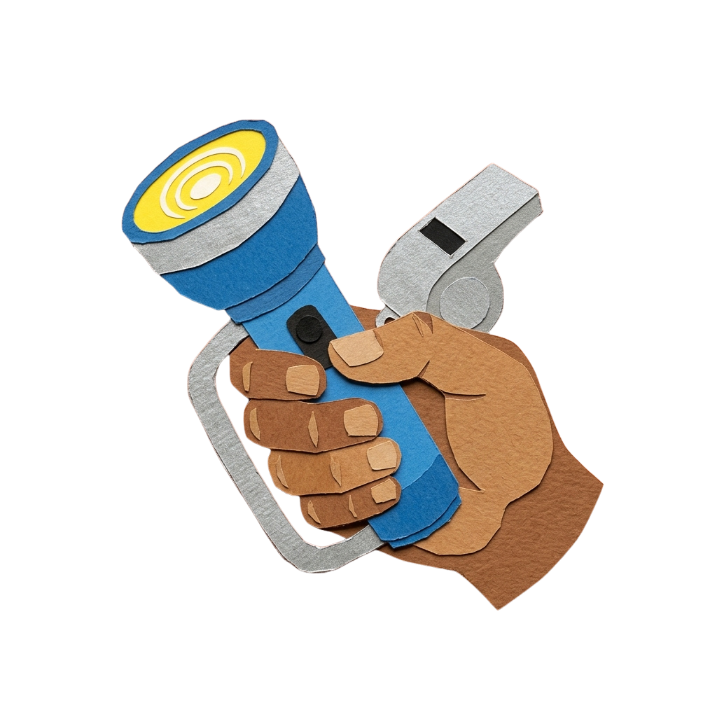 A hand holding a blue flashlight and a white whistle on a black background