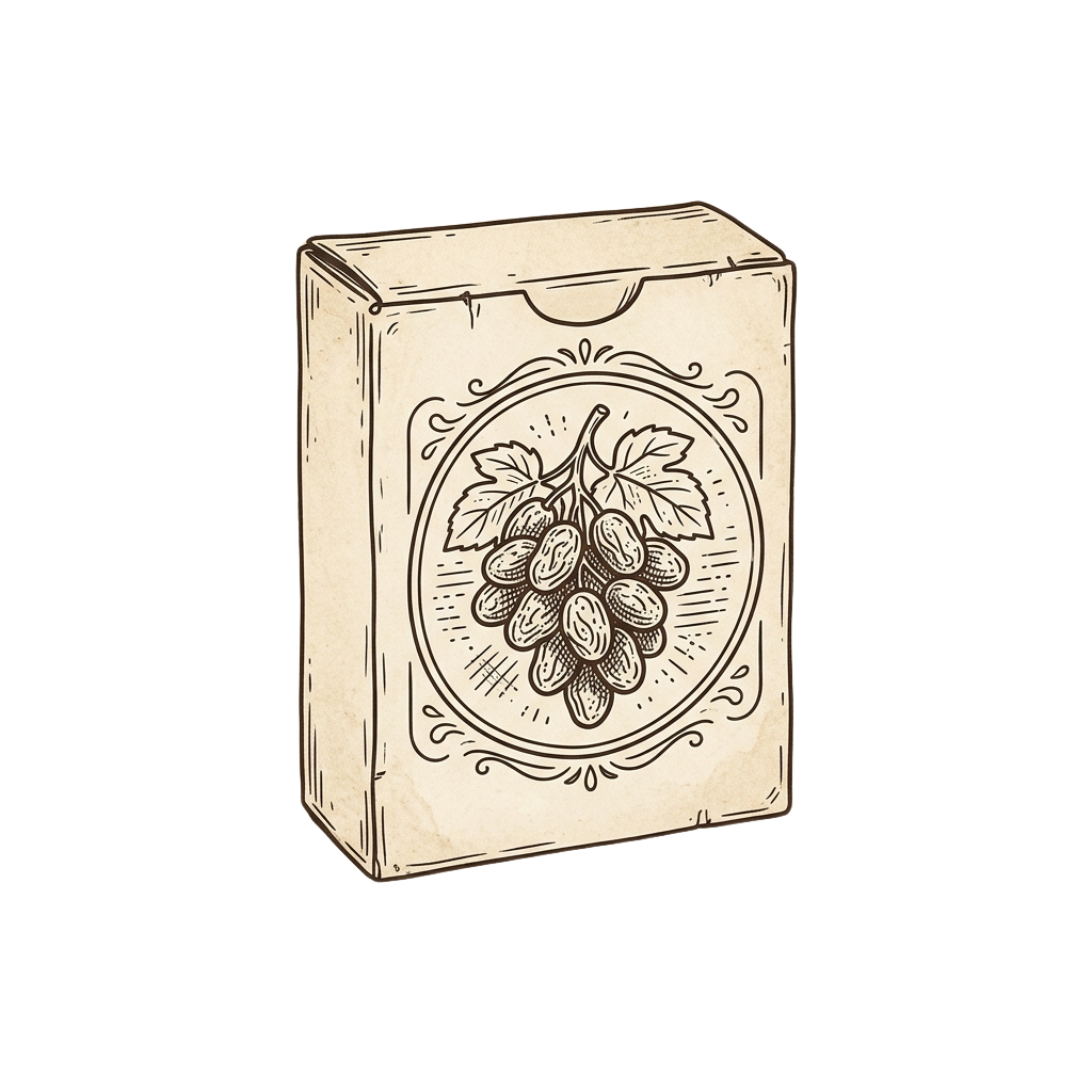 Illustration of a cream-colored box with grape and leaf design inside an ornate frame