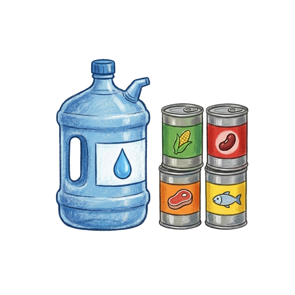 Illustration of a large water jug and three stacked cans showing corn, meat, and fish icons