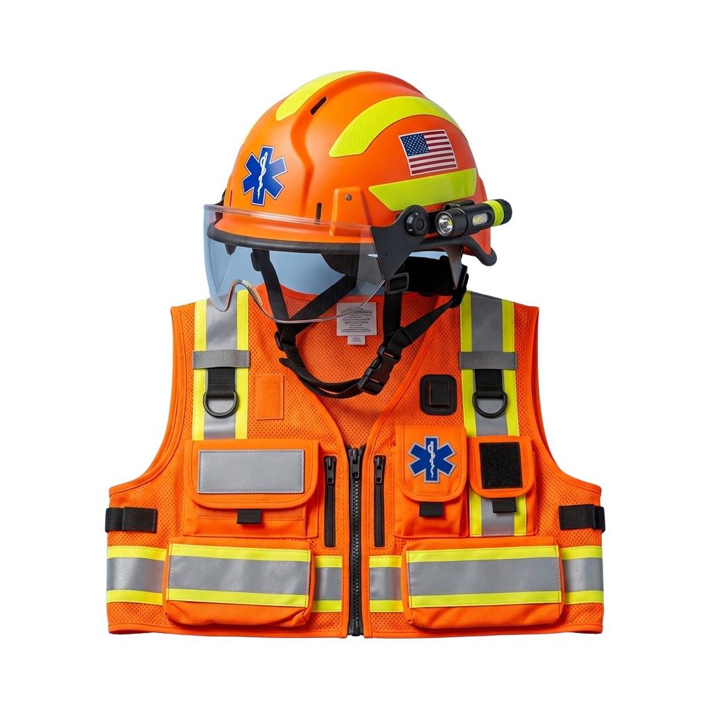 Bright orange emergency medical helmet and reflective safety vest with blue star of life symbols and American flag decal