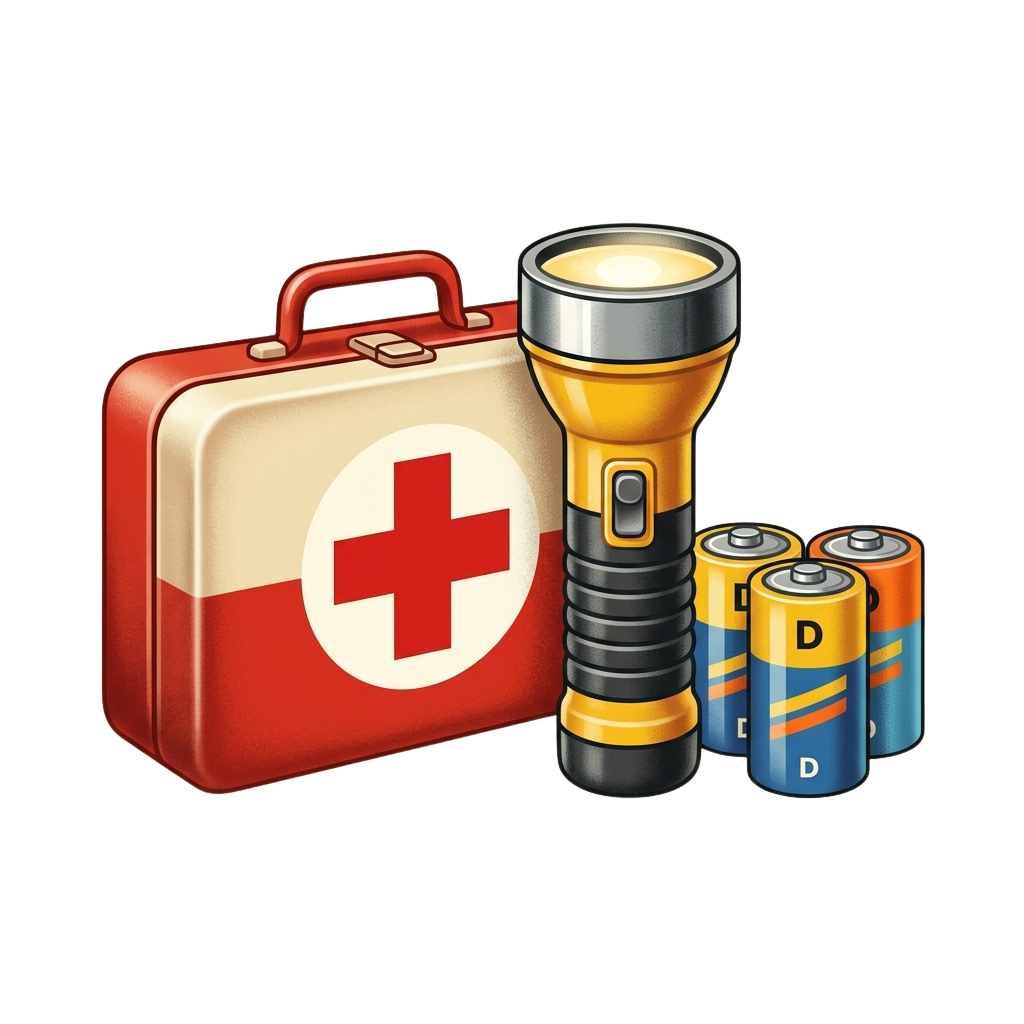 A red first aid kit, flashlight, and three D-cell batteries arranged on a dark background.