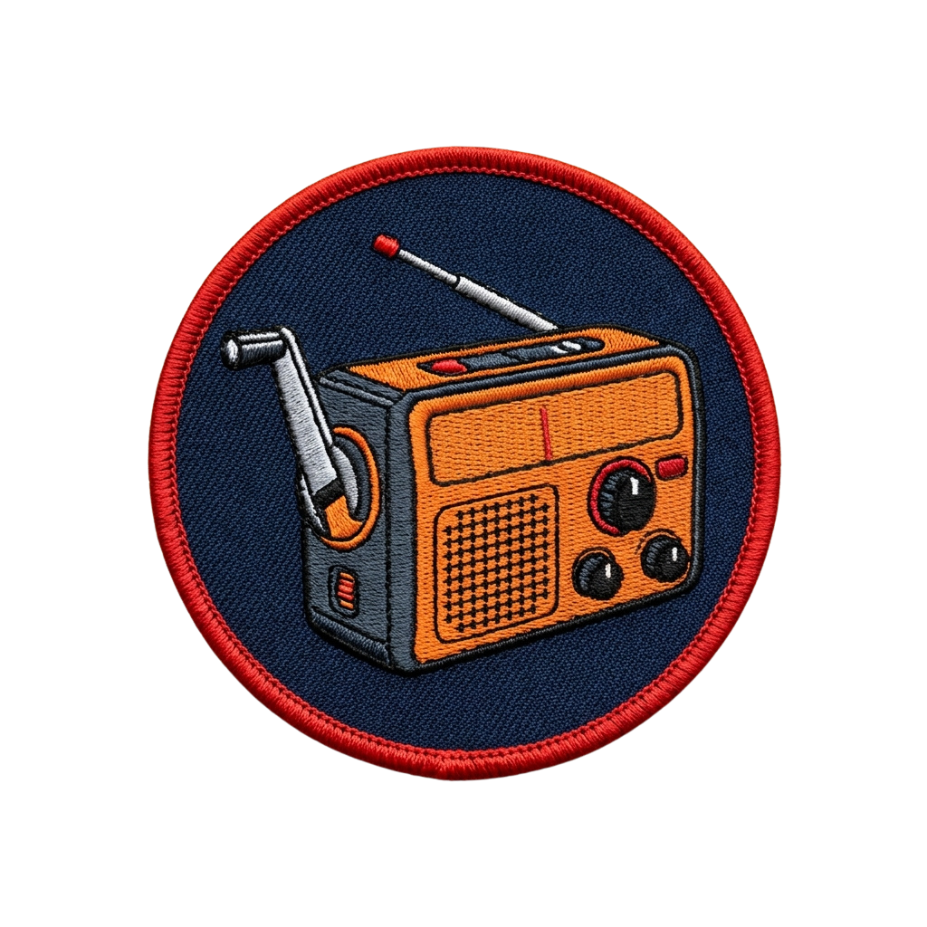 Illustration of a retro orange and black portable radio on a dark blue circular patch with red border