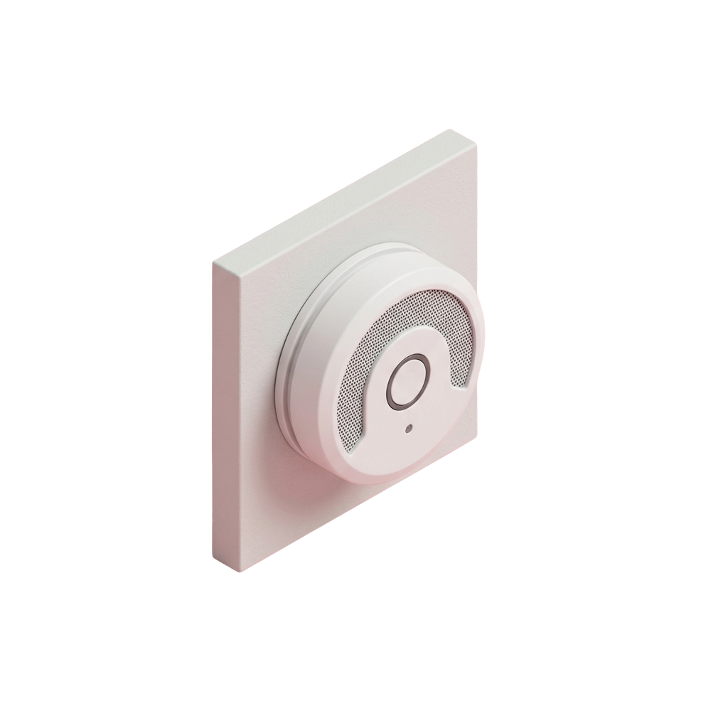 A sleek, white smart smoke detector mounted on a light pink wall plate.