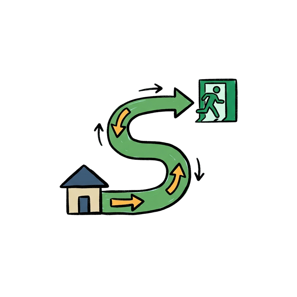 Illustration showing a path from a house to an emergency exit sign with directional arrows.