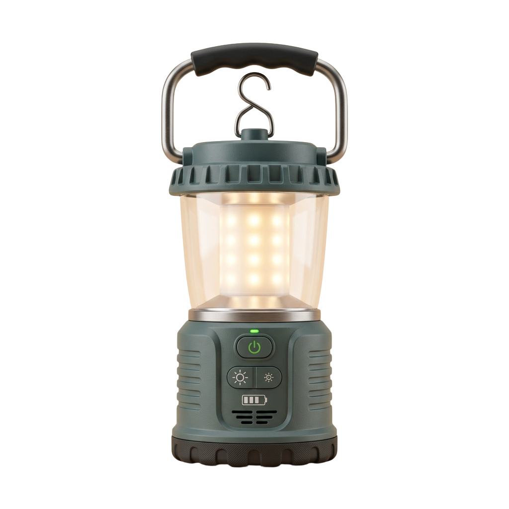 A portable LED lantern with a carabiner hook attached to the top, emitting bright light.