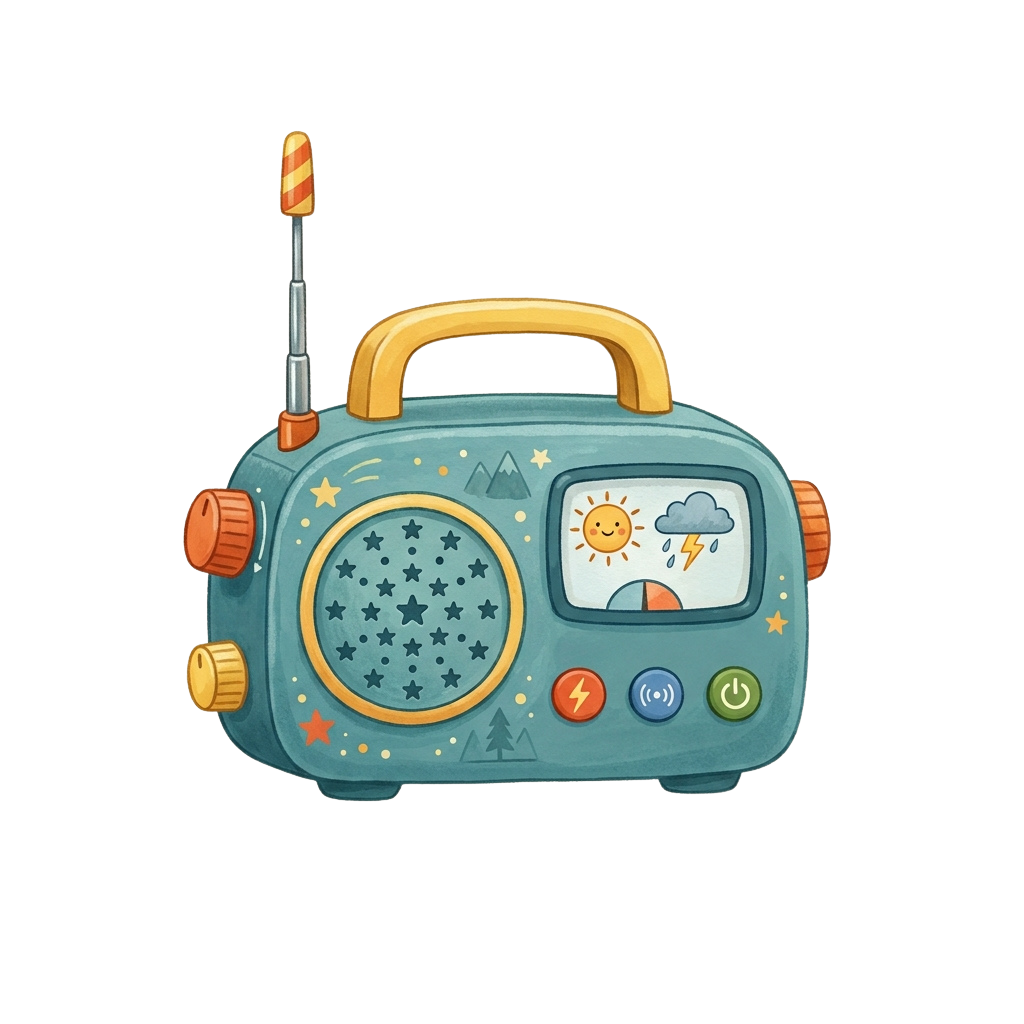 Illustration of a colorful vintage portable radio showing stars, weather icons, and control buttons