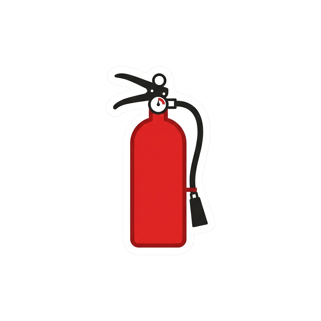 White outline icon of a red fire extinguisher with hose and handle against a black background