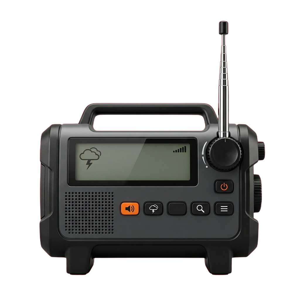 Black portable weather radio with antenna, digital screen, and control buttons