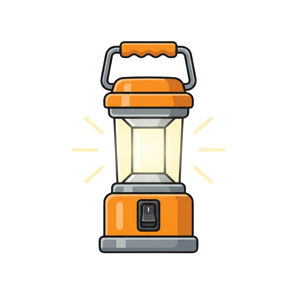 Illustration of an orange lantern flashlight emitting bright light rays against a dark background