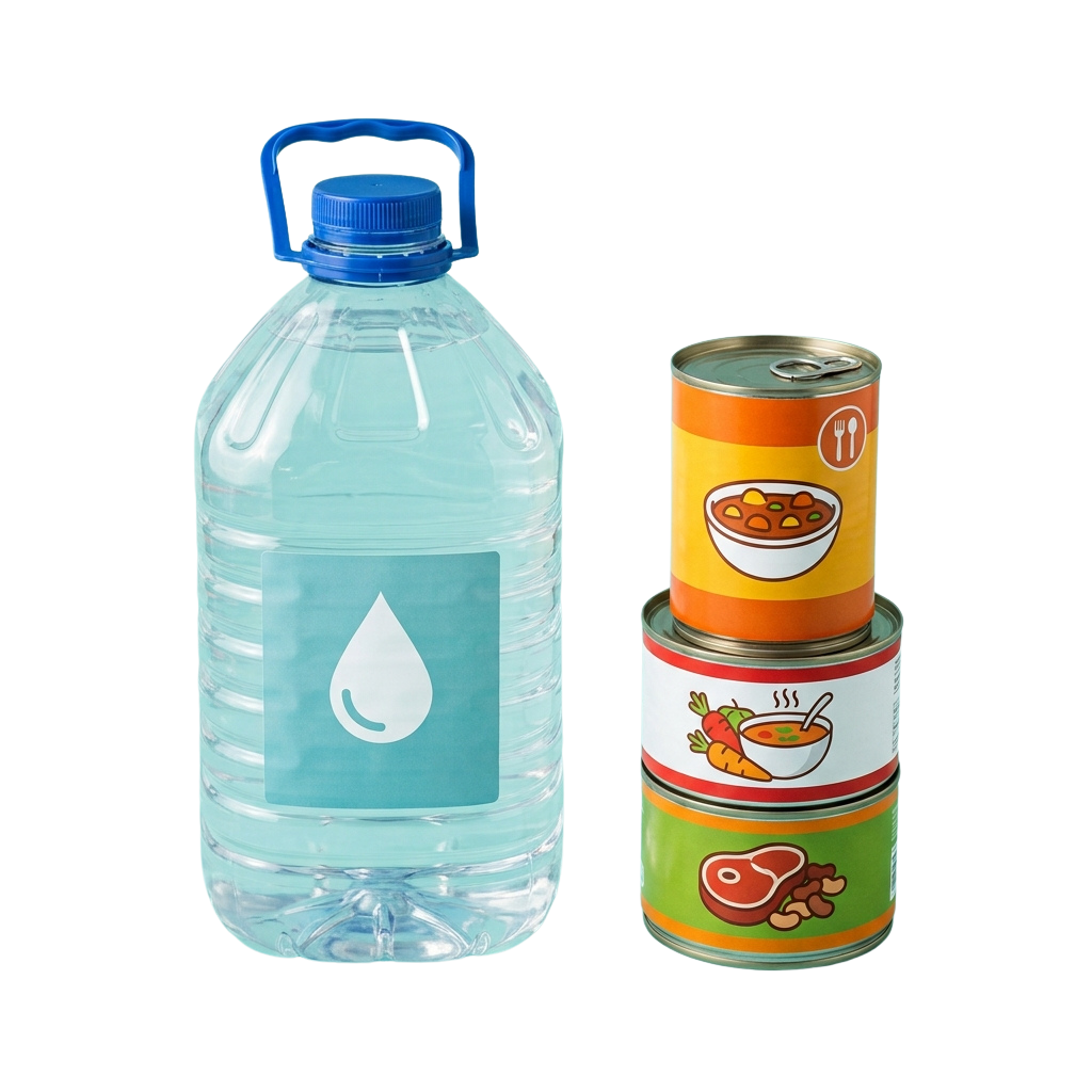 A large water bottle with a blue cap and three stacked cans showing different food items.
