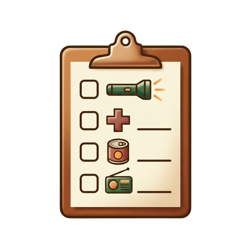 Clipboard with checklist icons for flashlight, first aid, canned food, and radio