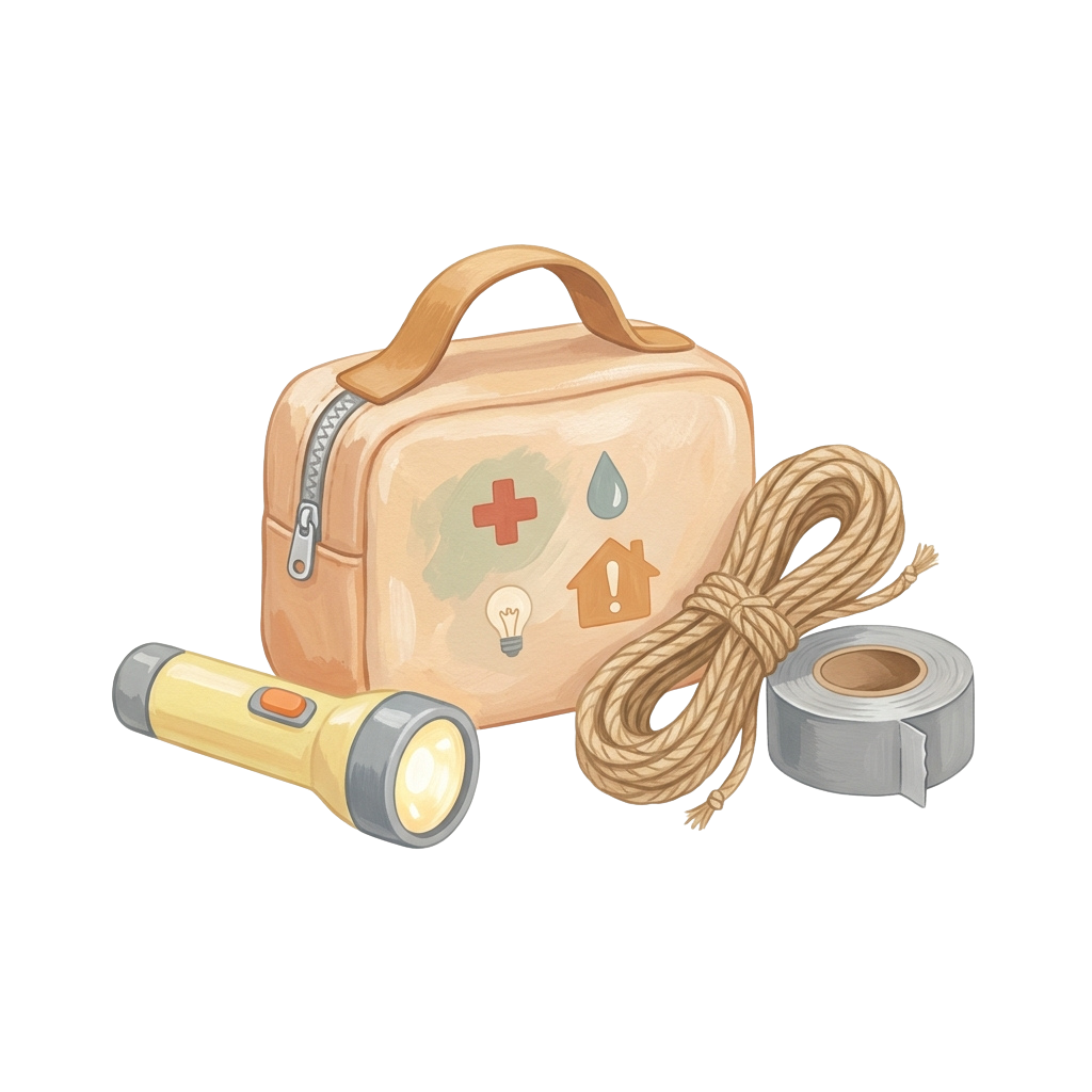 Illustration of an emergency kit including a first aid bag, flashlight, rope, and duct tape