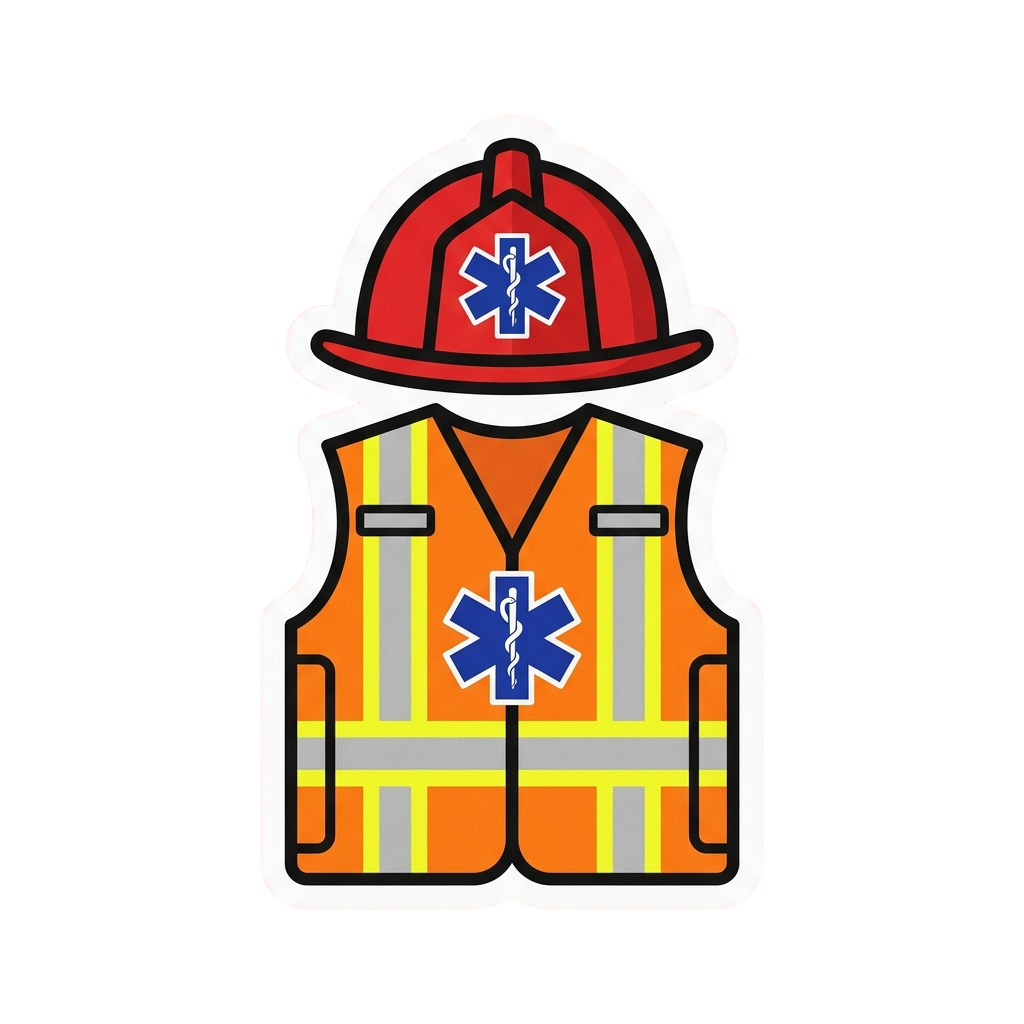 Illustration of an emergency medical responder helmet and reflective safety vest with star of life symbol