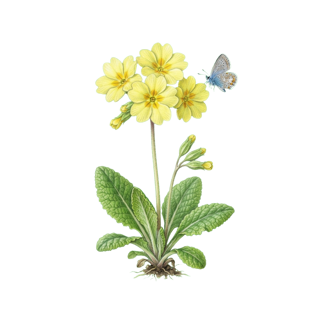 A detailed illustration of a yellow primrose flower with green leaves and a blue butterfly perched on the blooms
