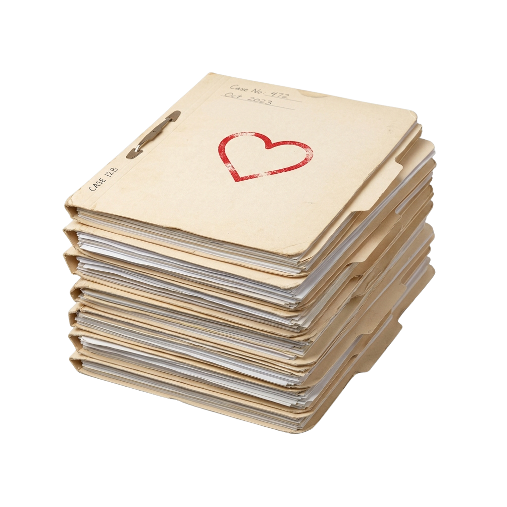 A tall stack of beige file folders with one showing a red heart and handwritten case details.