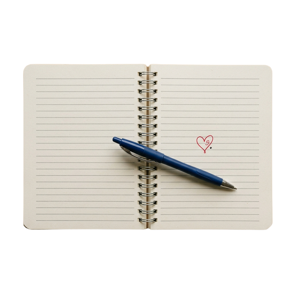 A blue pen lying across an open blank notebook with a small red heart doodle on the page