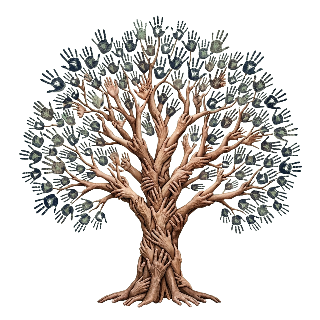 A tree with intertwined branches and roots formed from numerous human hands reaching upward and outward.