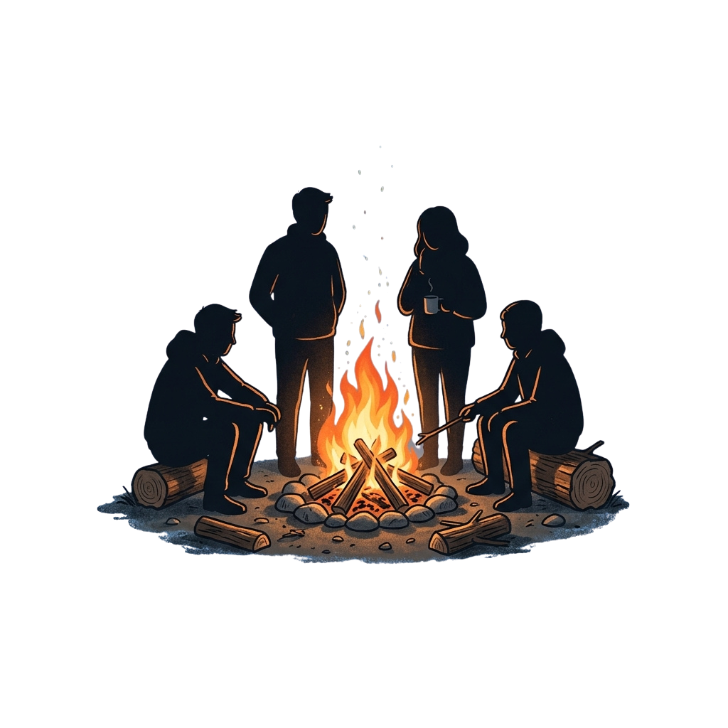 Four silhouetted people sitting around a campfire with logs and sparks flying upward