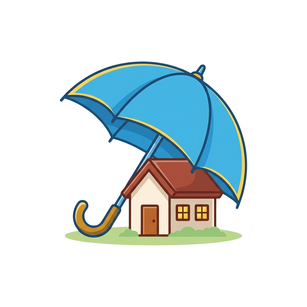 A cartoon house with a red roof and brown door sheltered under a large blue umbrella.