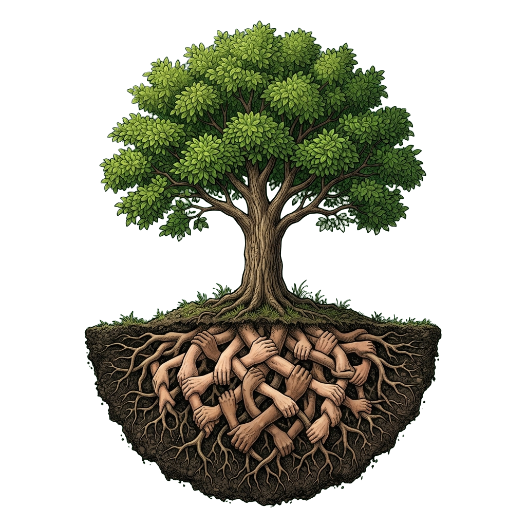Illustration of a tree with human arms forming its roots, symbolizing unity and support.