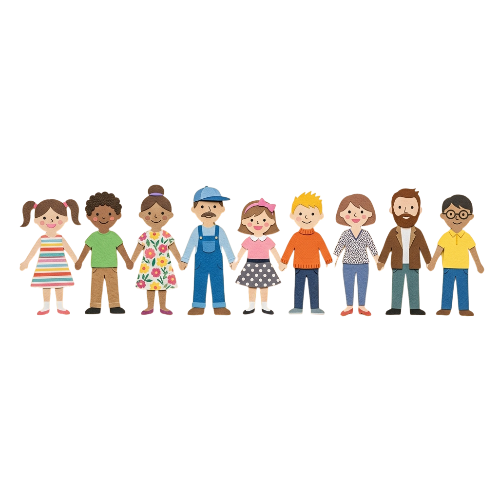 Eight cartoon-style characters of various ages and appearances holding hands in a line