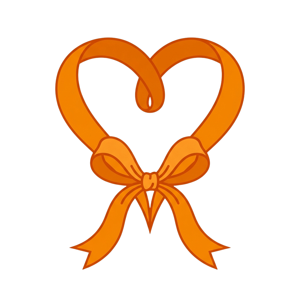 An orange heart shape tied with a decorative bow on a black background