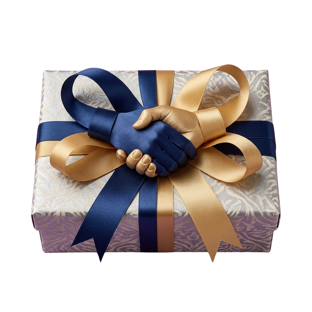 Gift box wrapped with blue and gold ribbon tied in a bow featuring two clasped hands design
