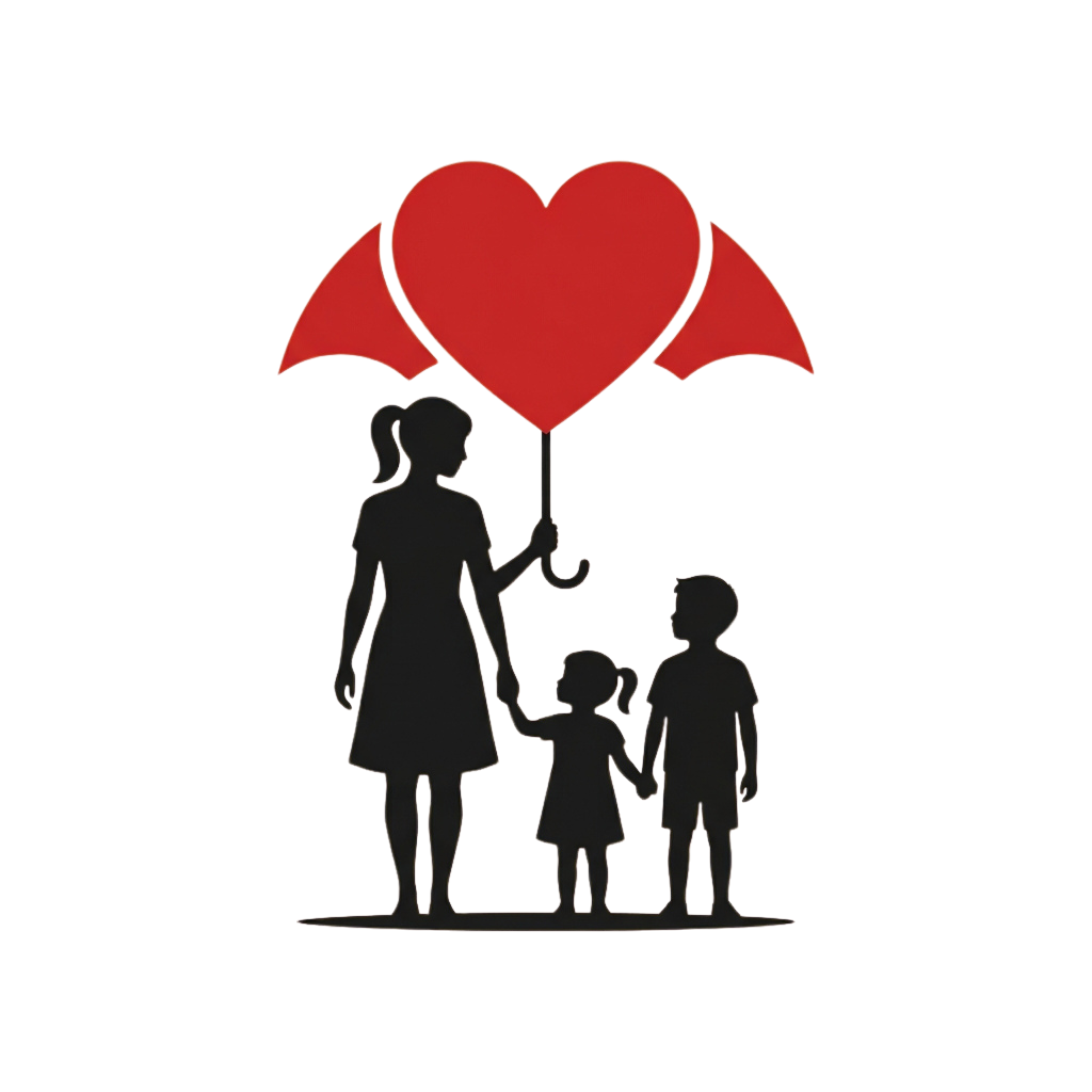 Three silhouettes of a family holding a large red heart-shaped umbrella together