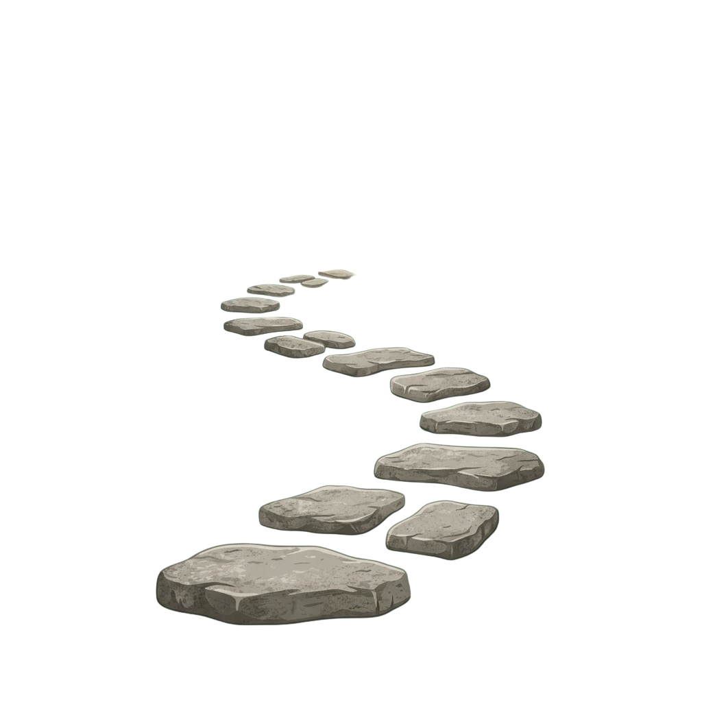 A series of irregularly shaped stone steps ascending in a curved path against a black background