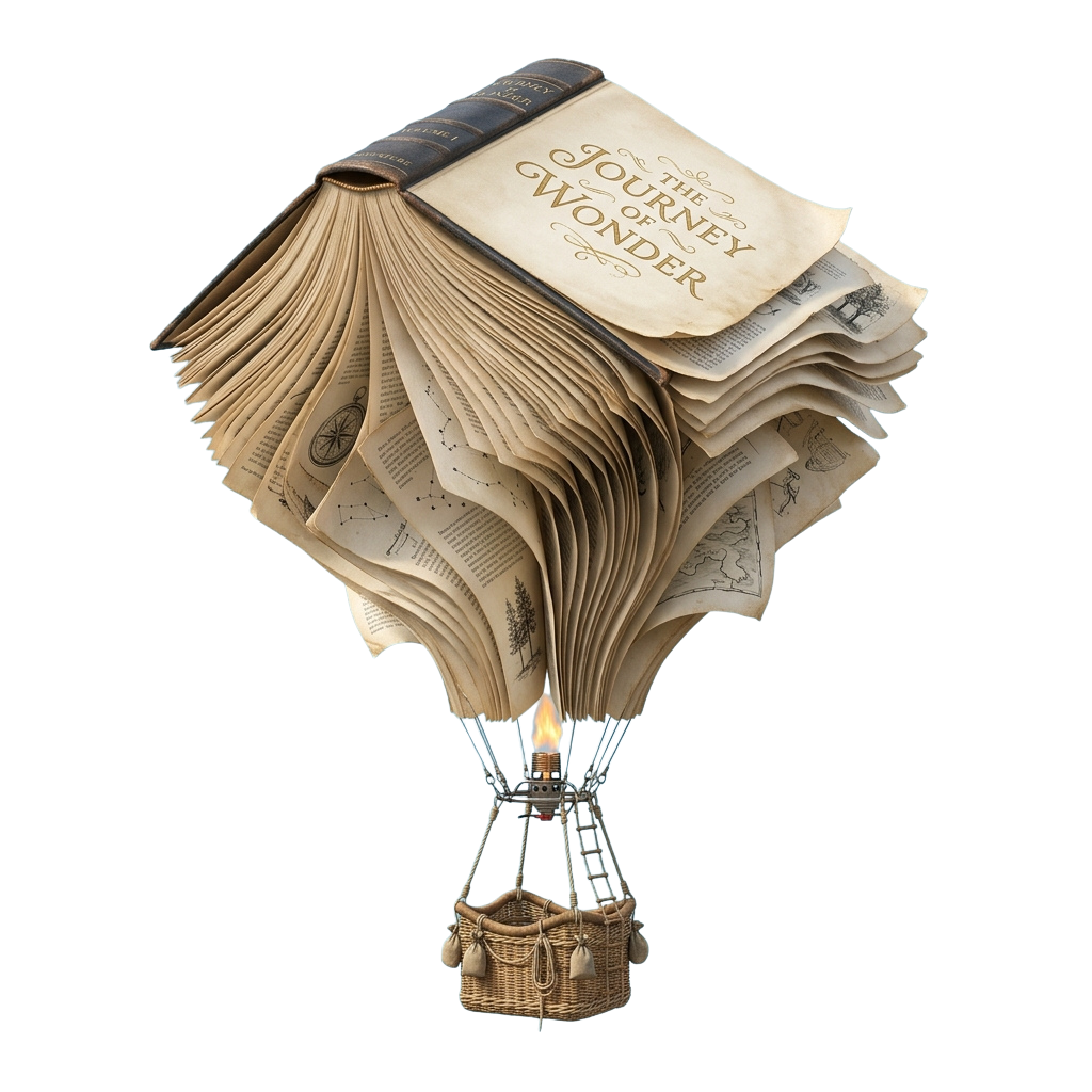 A hot air balloon crafted entirely from open book pages titled Journey of Wonder floating against a black background