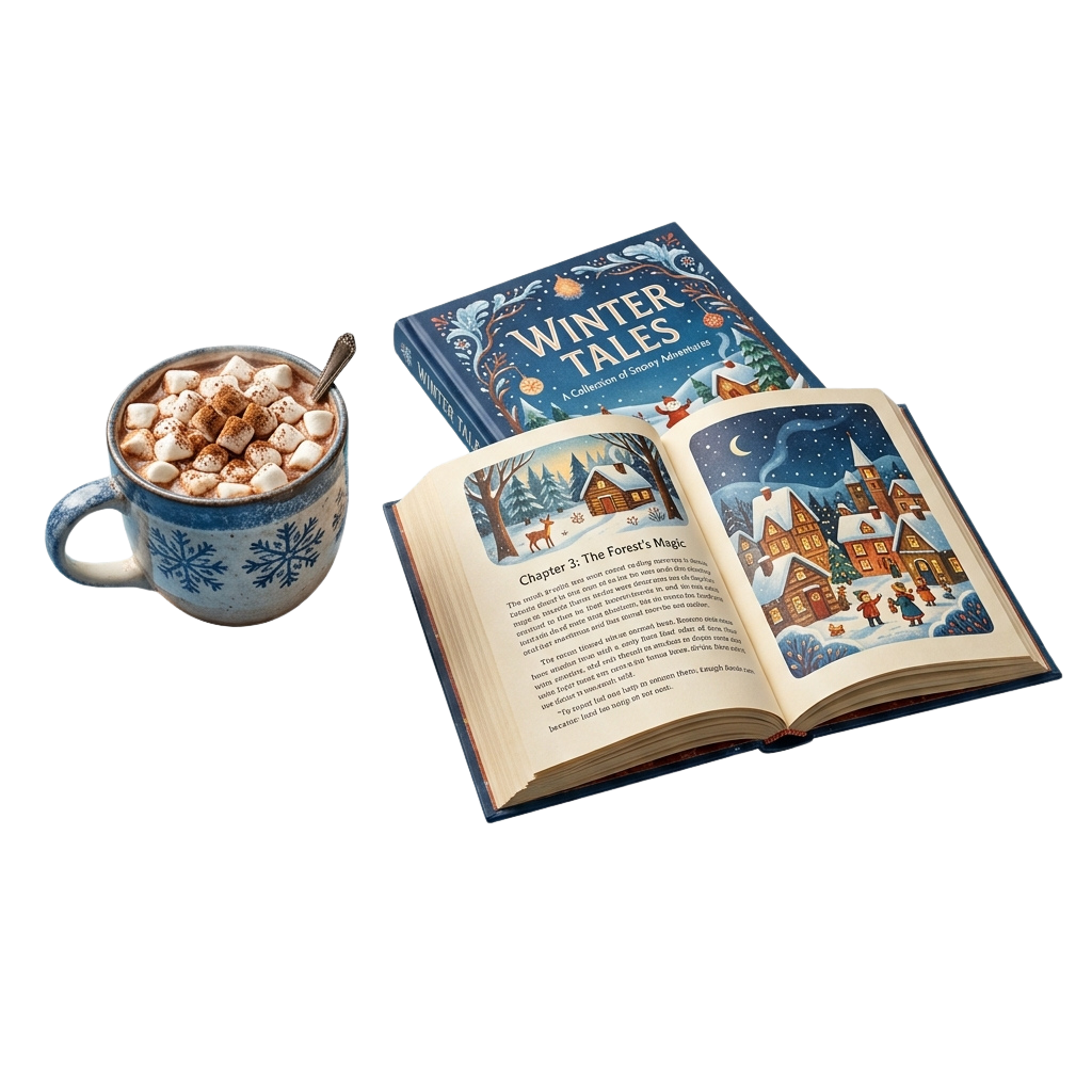Open winter-themed book titled Winter Tales next to a mug of hot drink with marshmallows and snowflake pattern