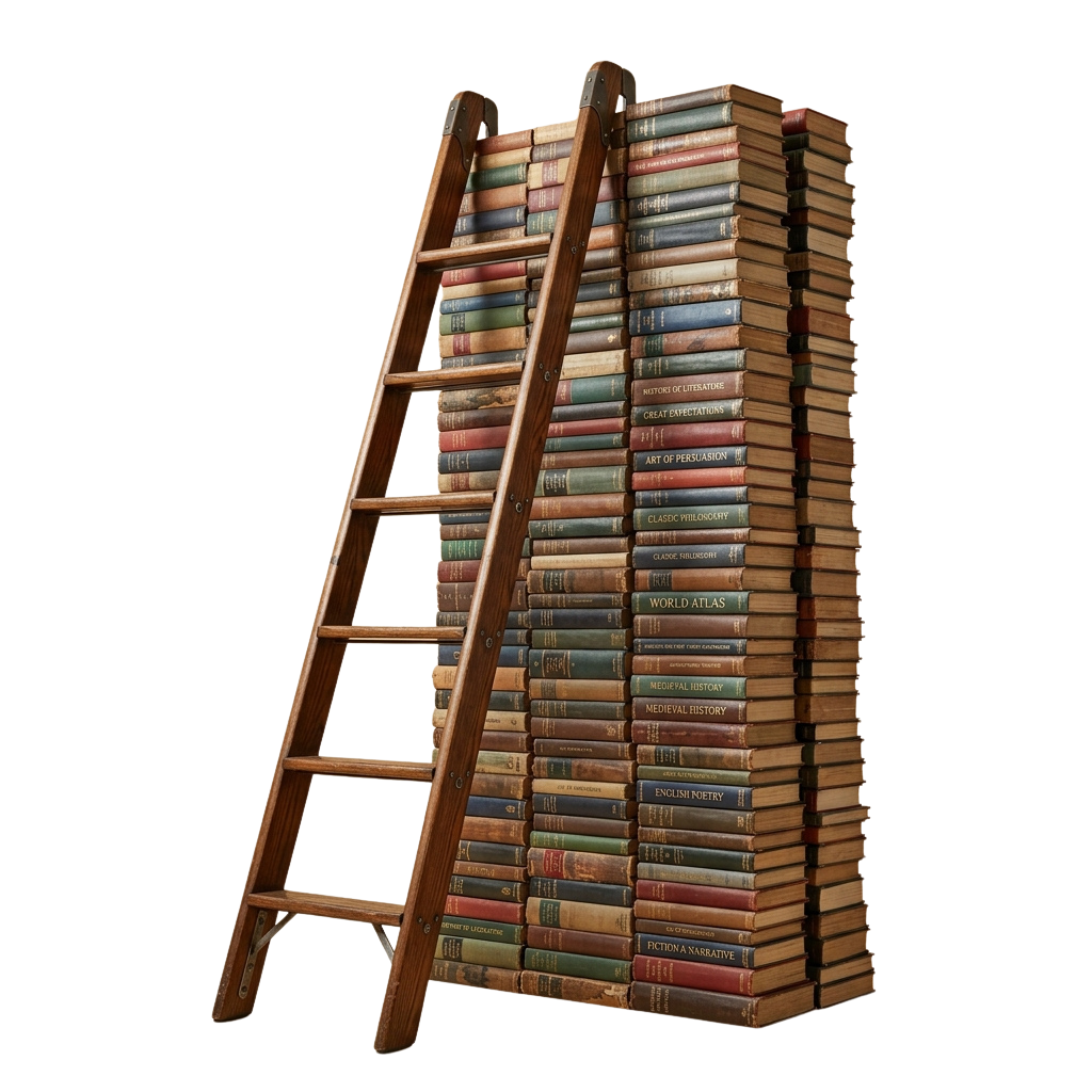 A tall wooden ladder supporting a stack of colorful books arranged vertically against a dark background