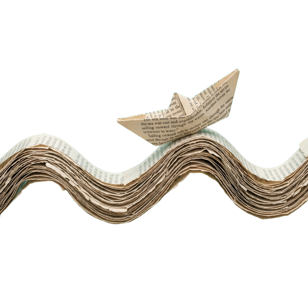 Wavy book pages forming a landscape with a paper origami bird on top