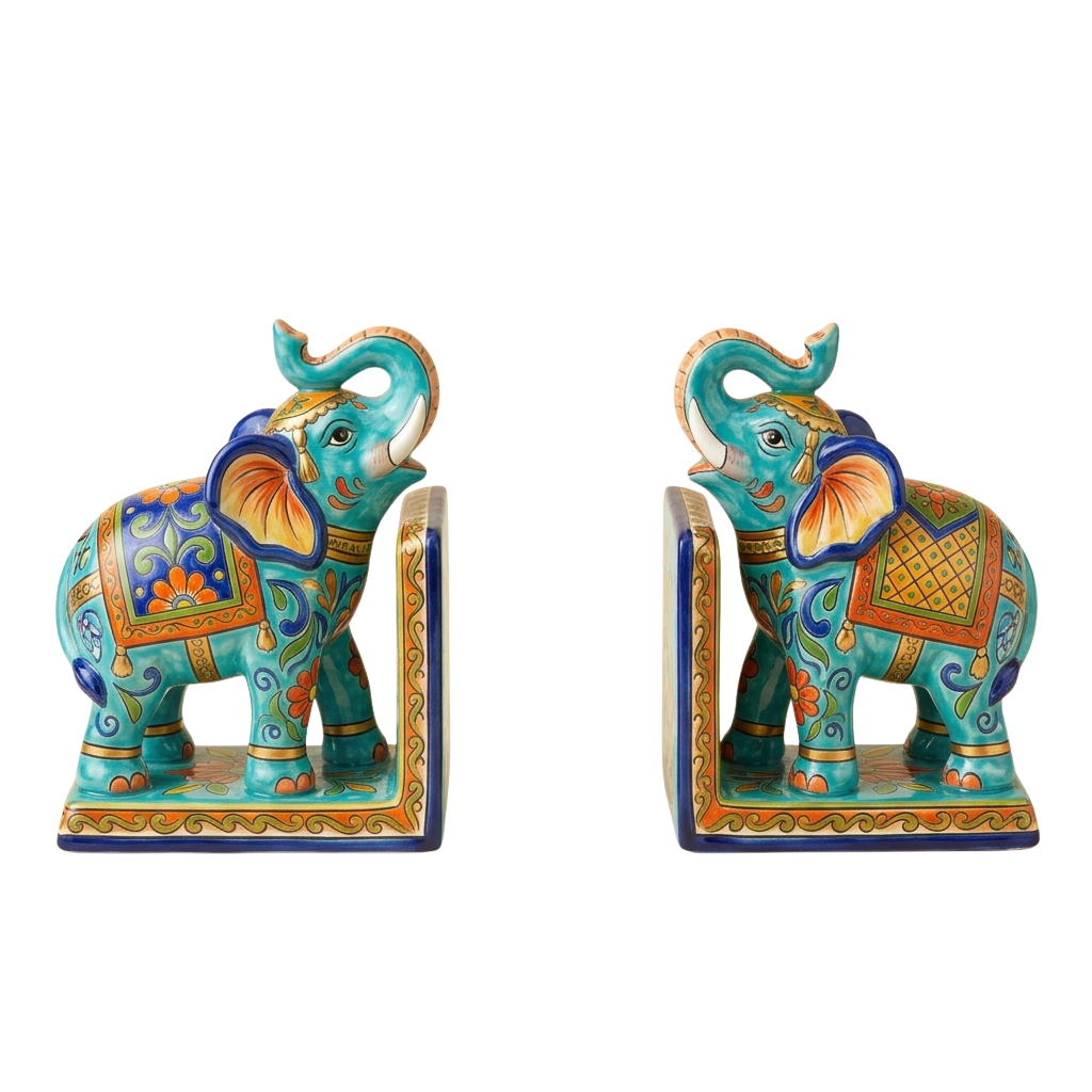 Two decorative ceramic elephant bookends in turquoise with colorful floral and geometric designs.