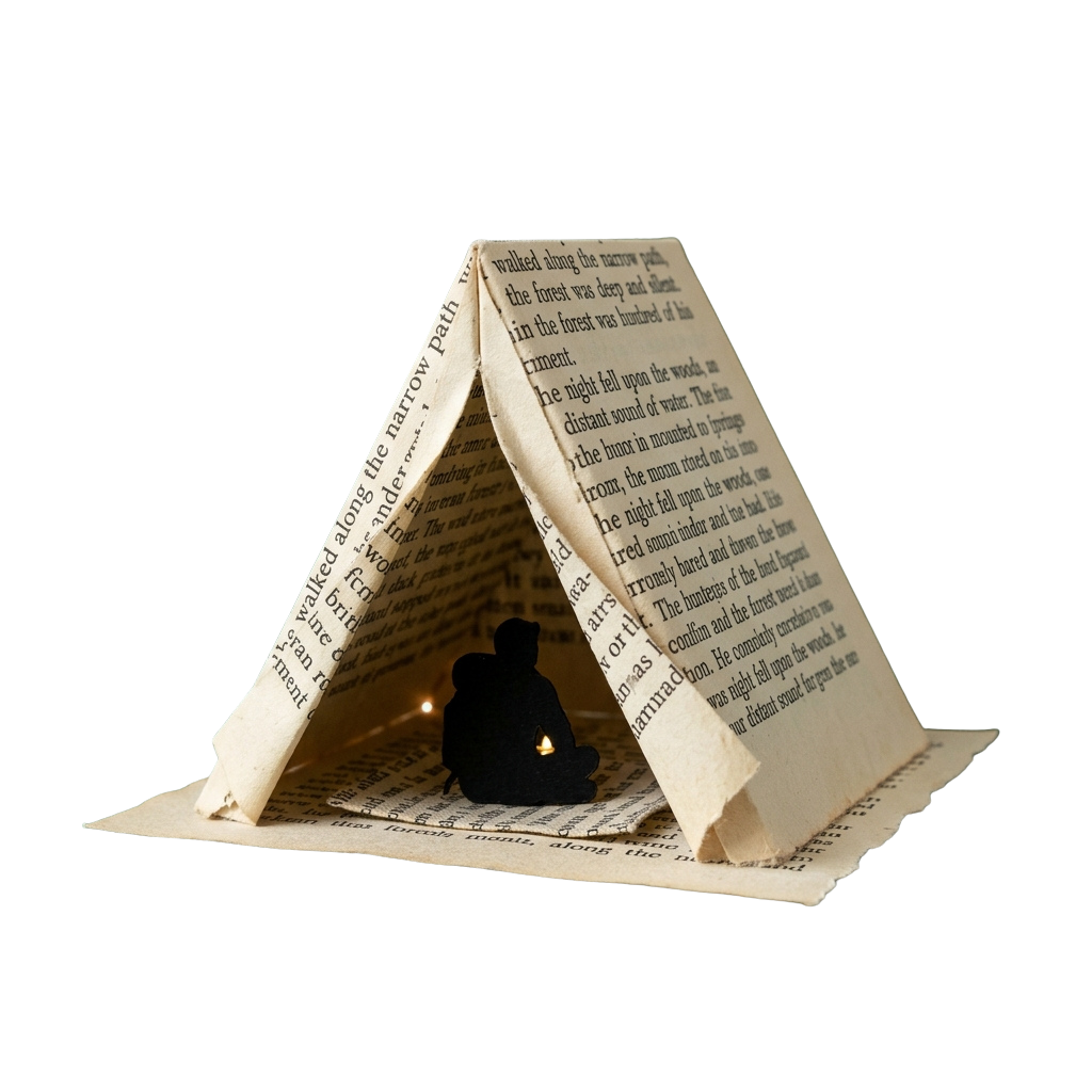 A small paper tent made from book pages with a tiny figurine sitting inside it.