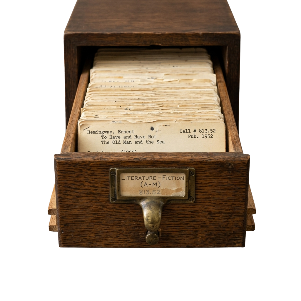 Wooden library drawer with a card catalog slot labeled Literature Fiction A-M, displaying an old book card for Hemingway’s works