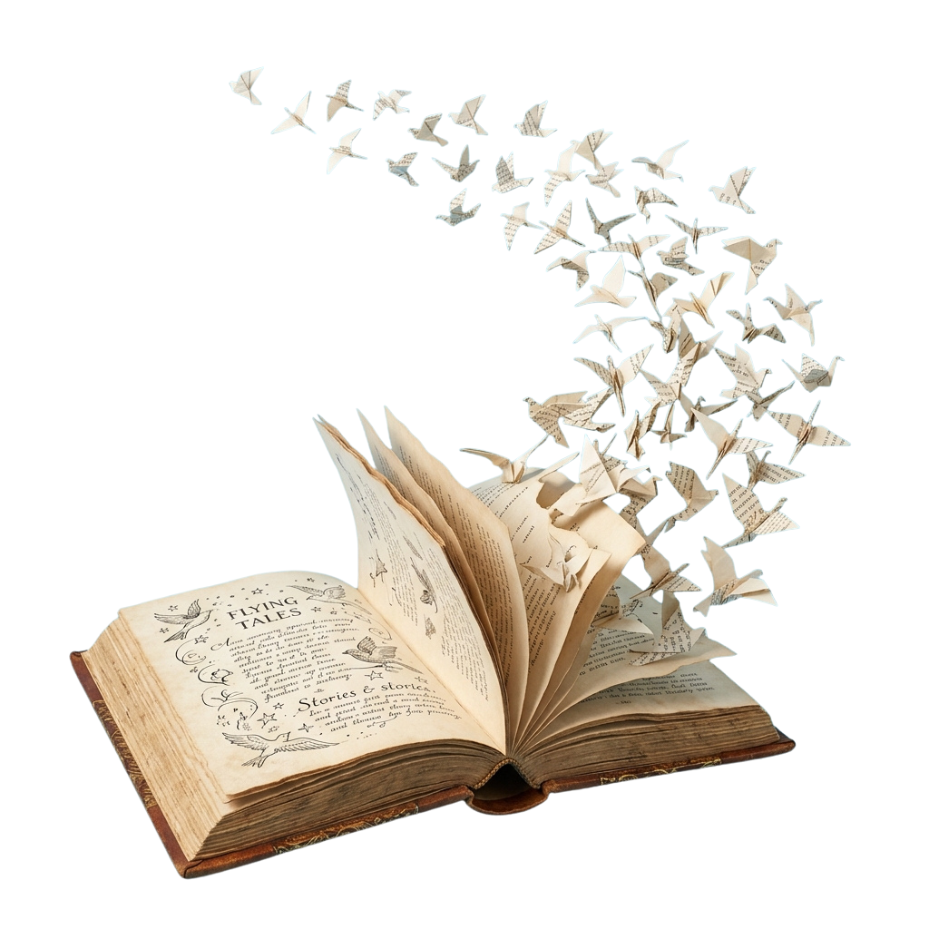 An open book with paper birds flying out from its pages against a black background