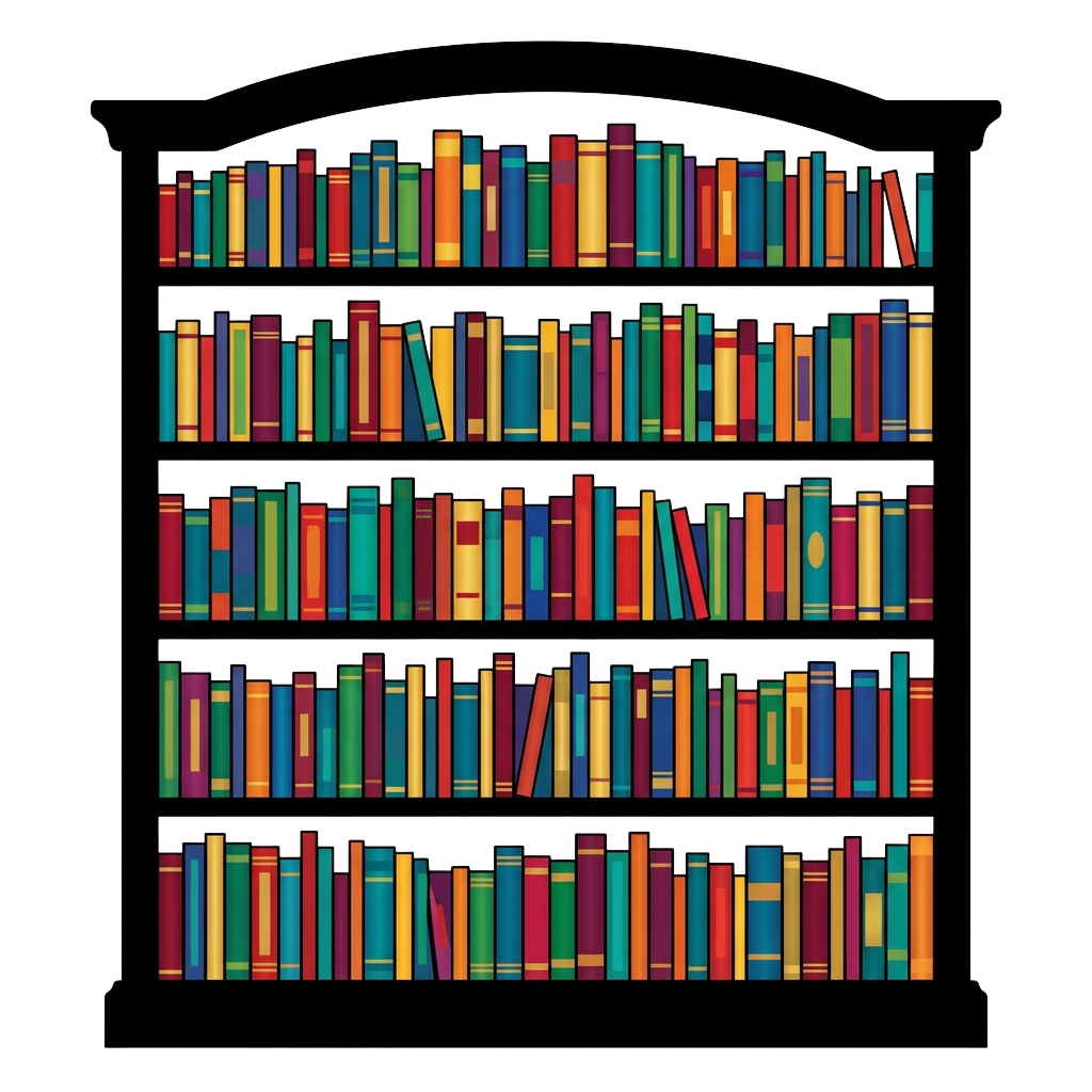 Illustration of a black bookshelf filled with colorful books arranged on five shelves