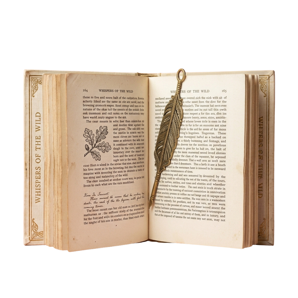 An open vintage book titled Whispers of the Wild with a feather bookmark on page 164 and 165