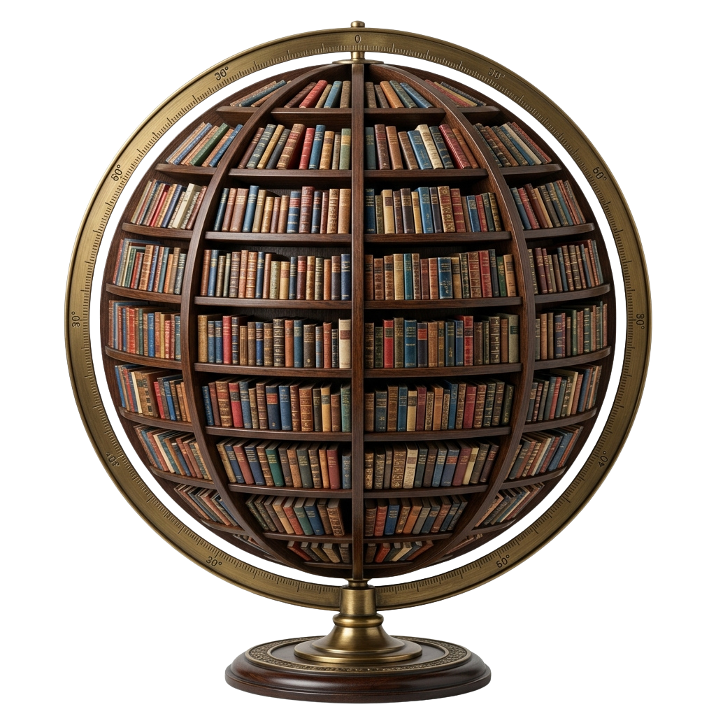A decorative globe-shaped bookshelf filled with books arranged in circular shelves.