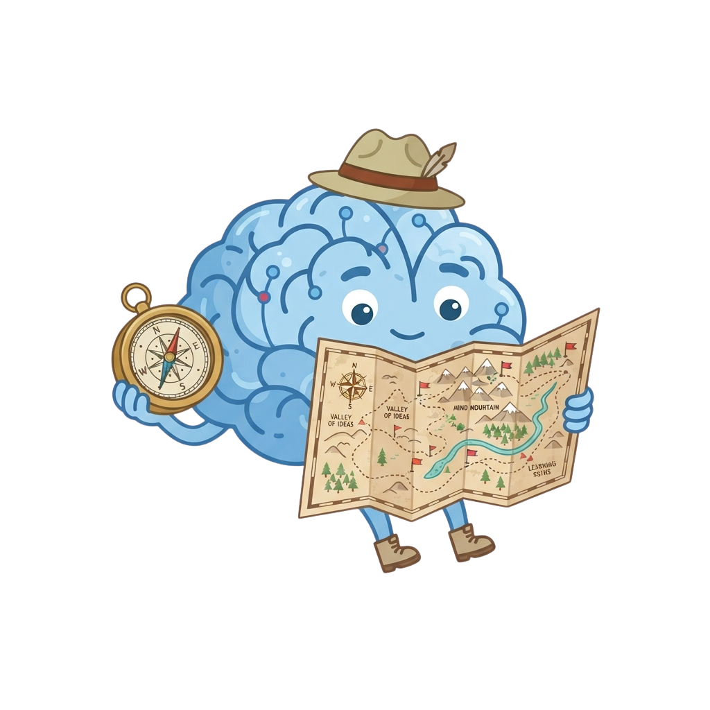 A cheerful cartoon brain wearing a hat and boots holds a map and compass, exploring a learning adventure.