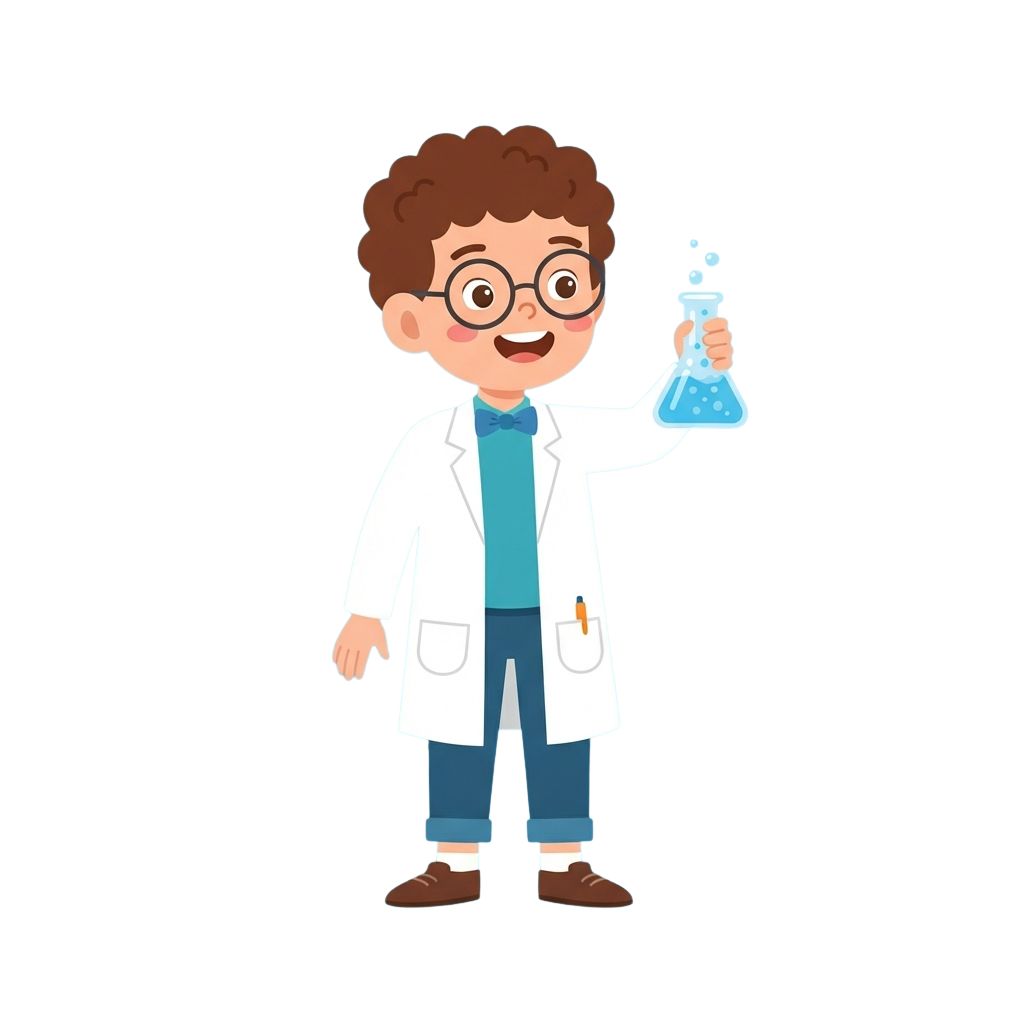 A cheerful cartoon scientist in a lab coat holding a beaker with blue liquid and bubbles